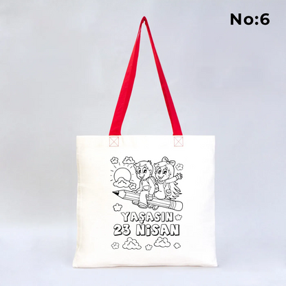 23 Nisan Kutlu Olsun yazılı, Türk bayrağı tutan çocuk çizimli, boyanabilir tasarımlı kırmızı saplı 40x35 cm ham bez çanta.