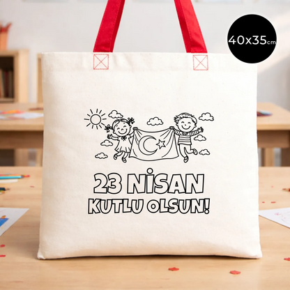 23 Nisan Kutlu Olsun yazılı, Türk bayrağı tutan çocuk çizimli, boyanabilir tasarımlı kırmızı saplı 40x35 cm ham bez çanta.