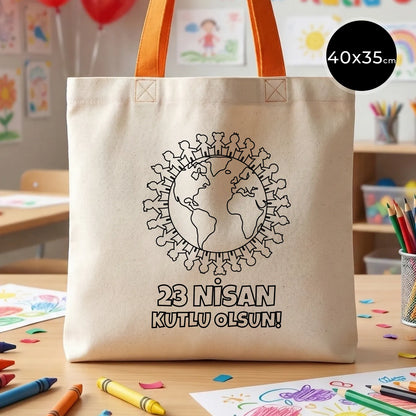 Boyanabilir 40x35 cm Gabardin Turuncu Kulp Çanta - 23 Nisan Hediyesi