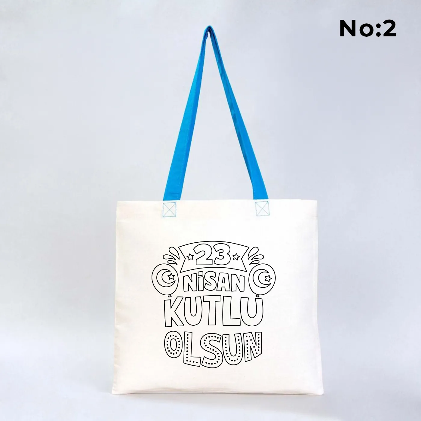 Boyanabilir 40x35 cm gabardin bez çanta turkuaz kulp - 23 Nisan hediyesi