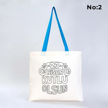 Boyanabilir 40x35 cm gabardin bez çanta turkuaz kulp - 23 Nisan hediyesi