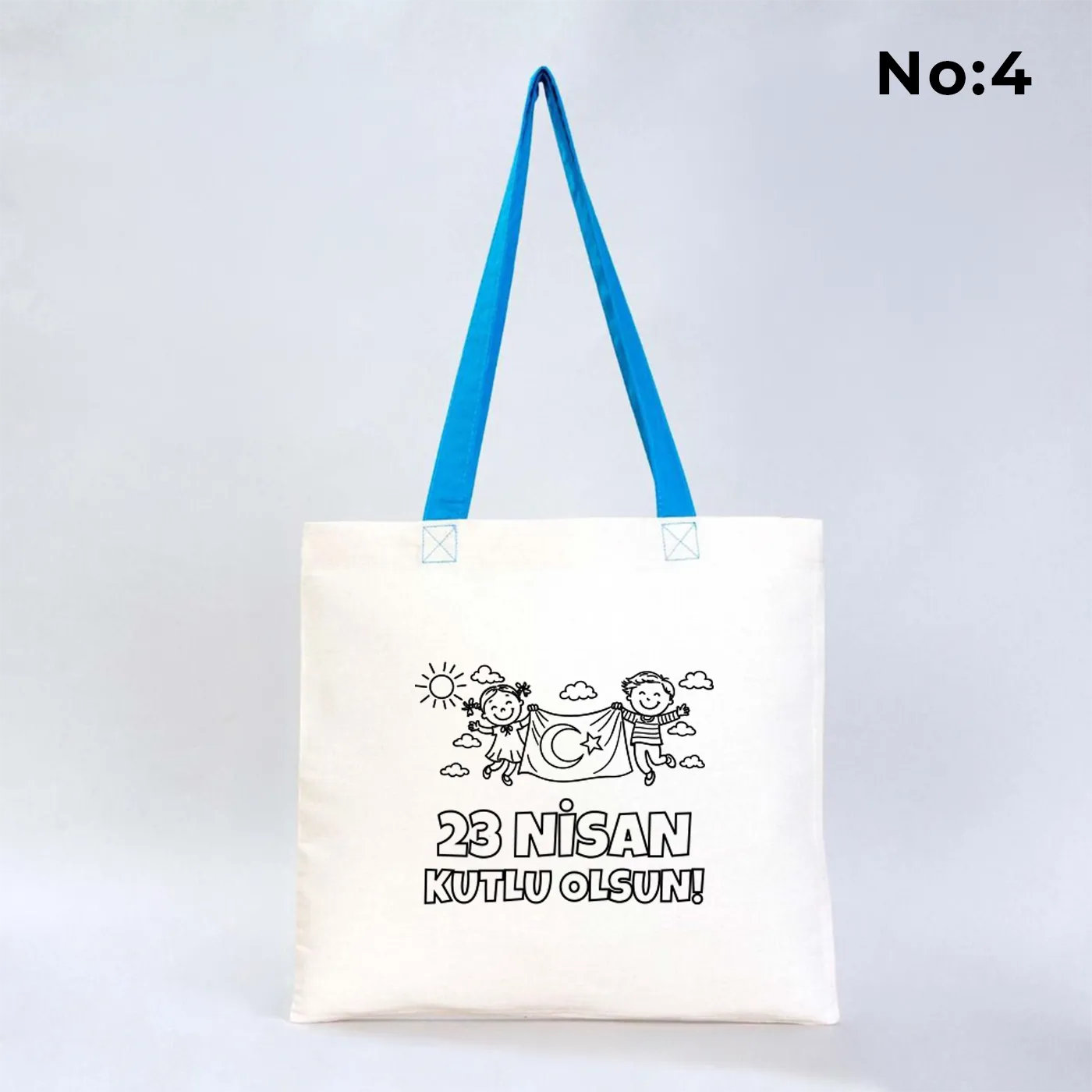 Boyanabilir 40x35 cm gabardin bez çanta turkuaz kulp - 23 Nisan hediyesi