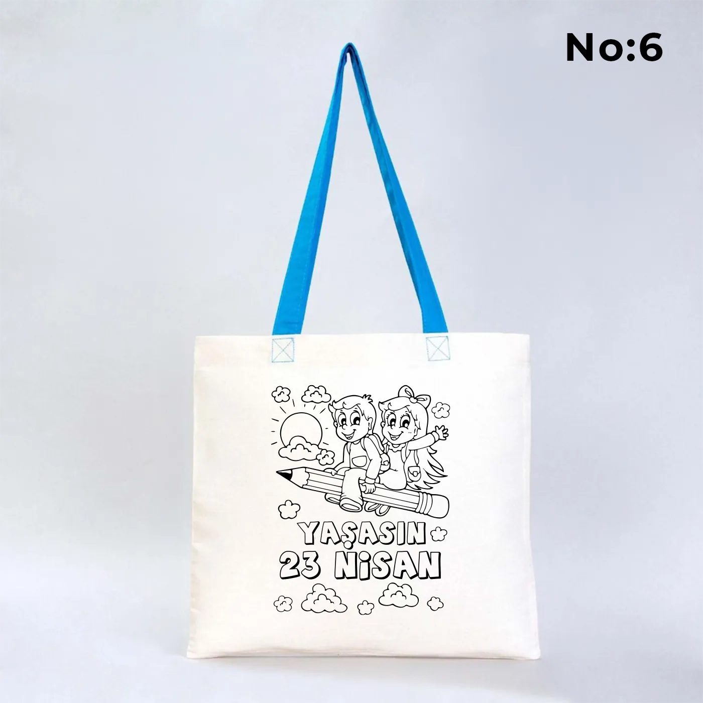 Boyanabilir 40x35 cm gabardin bez çanta turkuaz kulp - 23 Nisan hediyesi