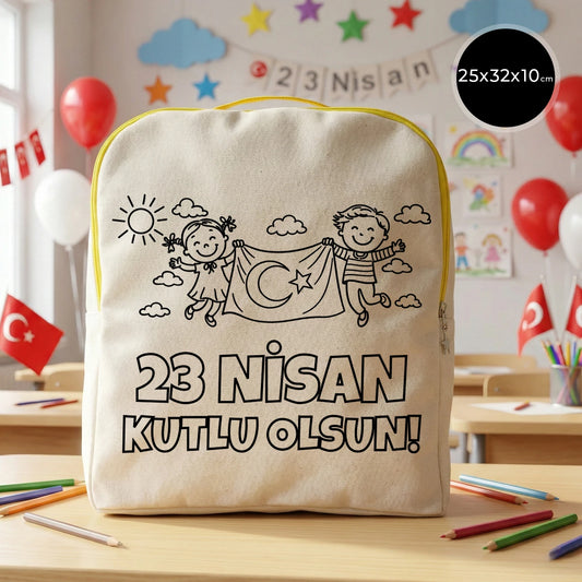 25x32x10 cm krem renkli sarı fermuar detaylı çocuk sırt çantası üzerinde boyamaya uygun, Türk bayrağı tutan çocuk figürleri ve “23 Nisan Kutlu Olsun!” yazılı siyah beyaz baskı