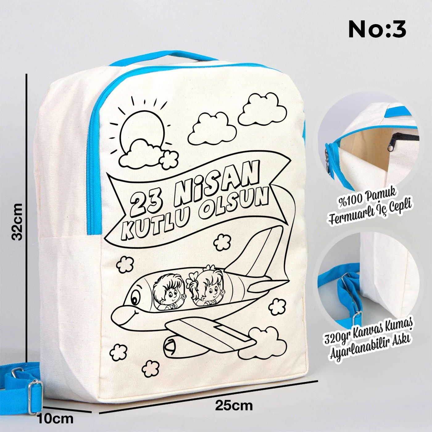 25x32x10 cm krem renkli turkuaz fermuar ve askı detaylı çocuk sırt çantası üzerinde boyamaya uygun “23 Nisan Kutlu Olsun” yazılı sıcak hava balonu temalı siyah beyaz baskı