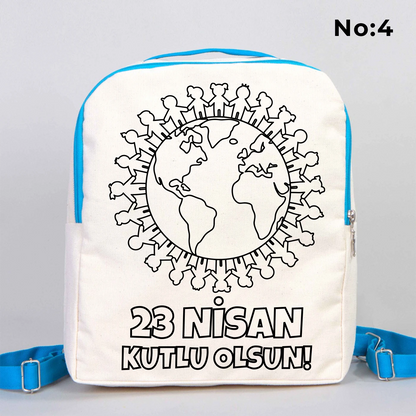 25x32x10 cm krem renkli turkuaz fermuar ve askı detaylı çocuk sırt çantası üzerinde boyamaya uygun “23 Nisan Kutlu Olsun” yazılı sıcak hava balonu temalı siyah beyaz baskı