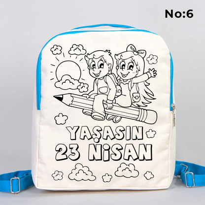 25x32x10 cm krem renkli turkuaz fermuar ve askı detaylı çocuk sırt çantası üzerinde boyamaya uygun “23 Nisan Kutlu Olsun” yazılı sıcak hava balonu temalı siyah beyaz baskı