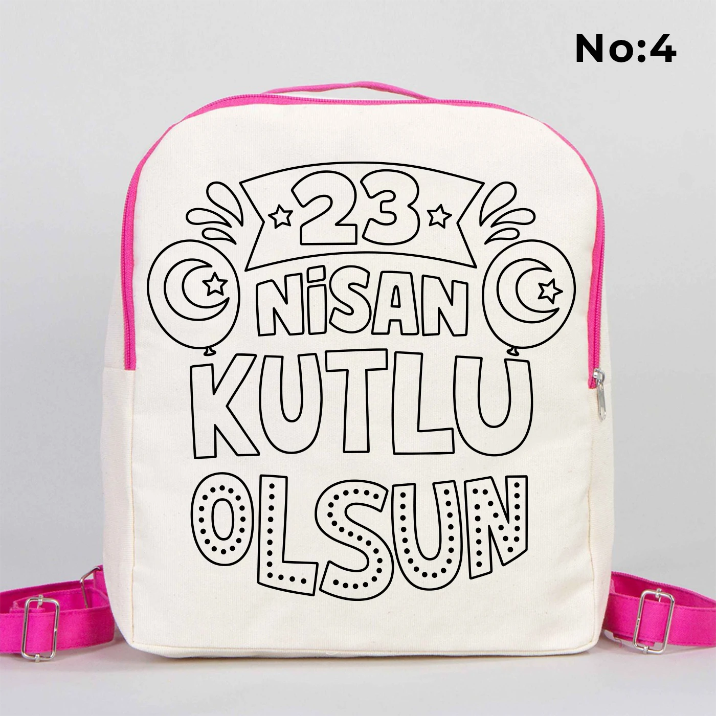 25x32x10 cm krem renkli pembe fermuar ve askı detaylı çocuk sırt çantası üzerinde boyamaya uygun “Yaşasın 23 Nisan” yazılı, kalem üstünde oturan çocuk illüstrasyonlu siyah beyaz baskı