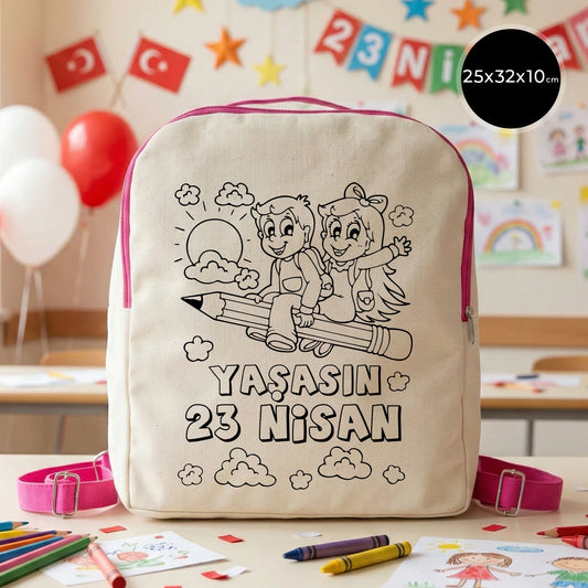 25x32x10 cm krem renkli pembe fermuar ve askı detaylı çocuk sırt çantası üzerinde boyamaya uygun “Yaşasın 23 Nisan” yazılı, kalem üstünde oturan çocuk illüstrasyonlu siyah beyaz baskı