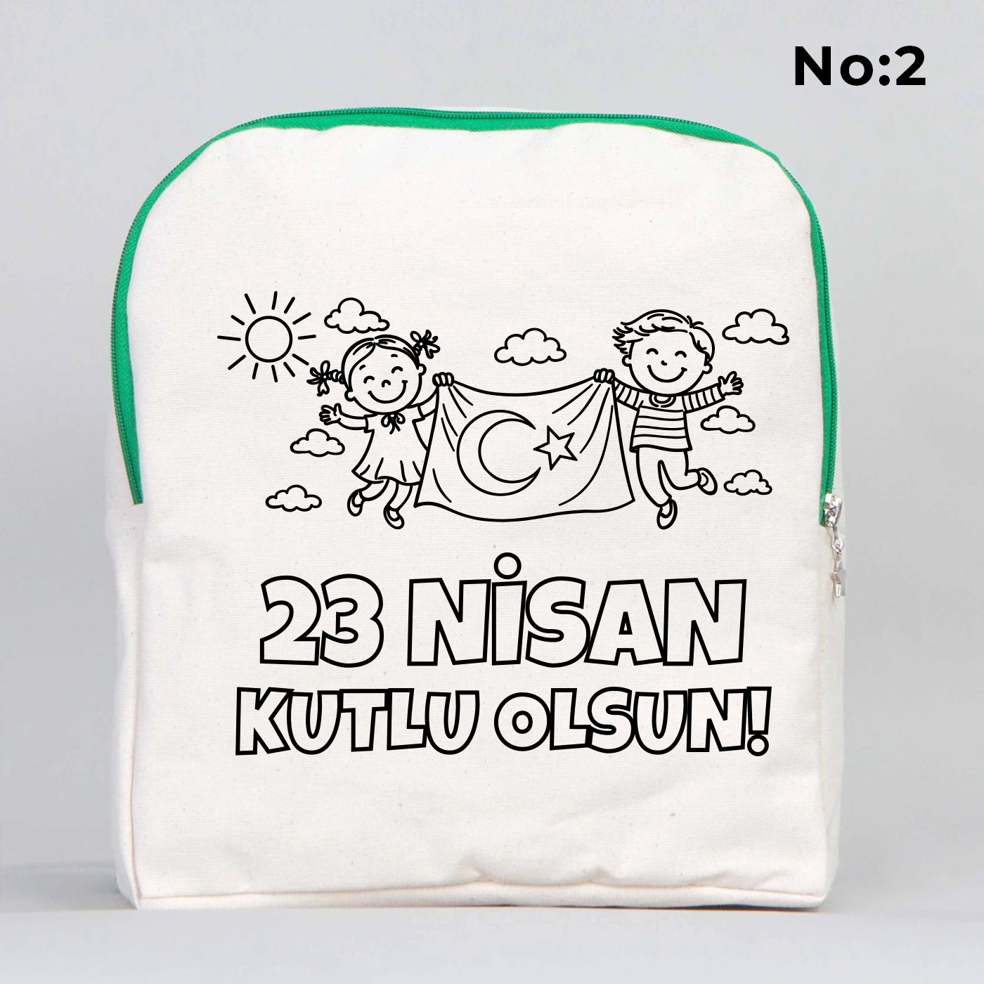 25x32x10 cm krem renkli yeşil fermuar detaylı çocuk sırt çantası üzerinde boyamaya uygun “23 Nisan Kutlu Olsun” yazılı sıcak hava balonu temalı siyah beyaz baskı