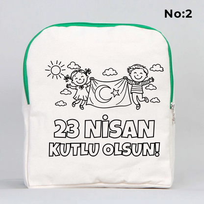 25x32x10 cm krem renkli yeşil fermuar detaylı çocuk sırt çantası üzerinde boyamaya uygun “23 Nisan Kutlu Olsun” yazılı sıcak hava balonu temalı siyah beyaz baskı
