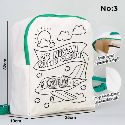 25x32x10 cm krem renkli yeşil fermuar detaylı çocuk sırt çantası üzerinde boyamaya uygun “23 Nisan Kutlu Olsun” yazılı sıcak hava balonu temalı siyah beyaz baskı