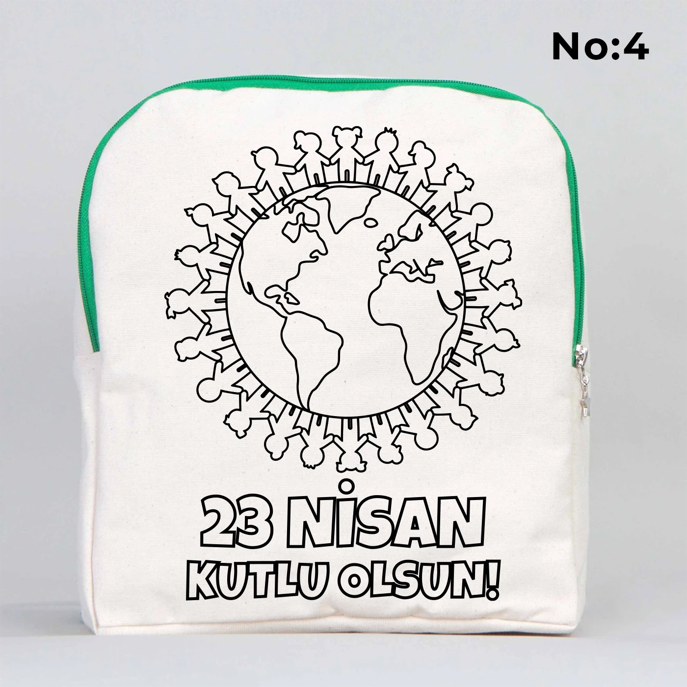 25x32x10 cm krem renkli yeşil fermuar detaylı çocuk sırt çantası üzerinde boyamaya uygun “23 Nisan Kutlu Olsun” yazılı sıcak hava balonu temalı siyah beyaz baskı