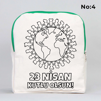 25x32x10 cm krem renkli yeşil fermuar detaylı çocuk sırt çantası üzerinde boyamaya uygun “23 Nisan Kutlu Olsun” yazılı sıcak hava balonu temalı siyah beyaz baskı