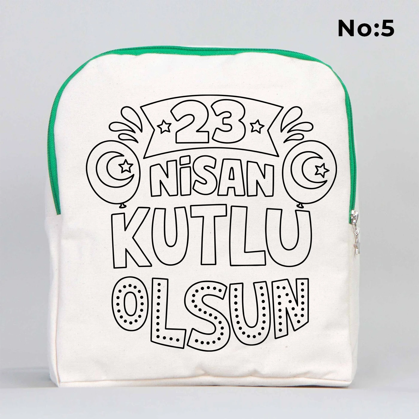 25x32x10 cm krem renkli yeşil fermuar detaylı çocuk sırt çantası üzerinde boyamaya uygun “23 Nisan Kutlu Olsun” yazılı sıcak hava balonu temalı siyah beyaz baskı