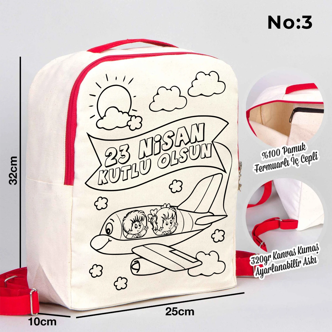 25x32x10 cm krem renkli kırmızı fermuar ve askı detaylı çocuk sırt çantası üzerinde boyamaya uygun “23 Nisan Kutlu Olsun” yazılı siyah beyaz baskı