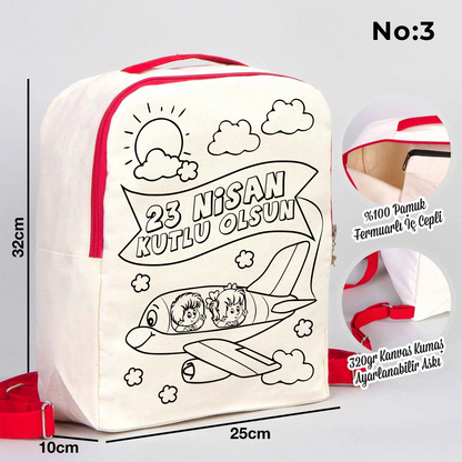 25x32x10 cm krem renkli kırmızı fermuar ve askı detaylı çocuk sırt çantası üzerinde boyamaya uygun “23 Nisan Kutlu Olsun” yazılı siyah beyaz baskı