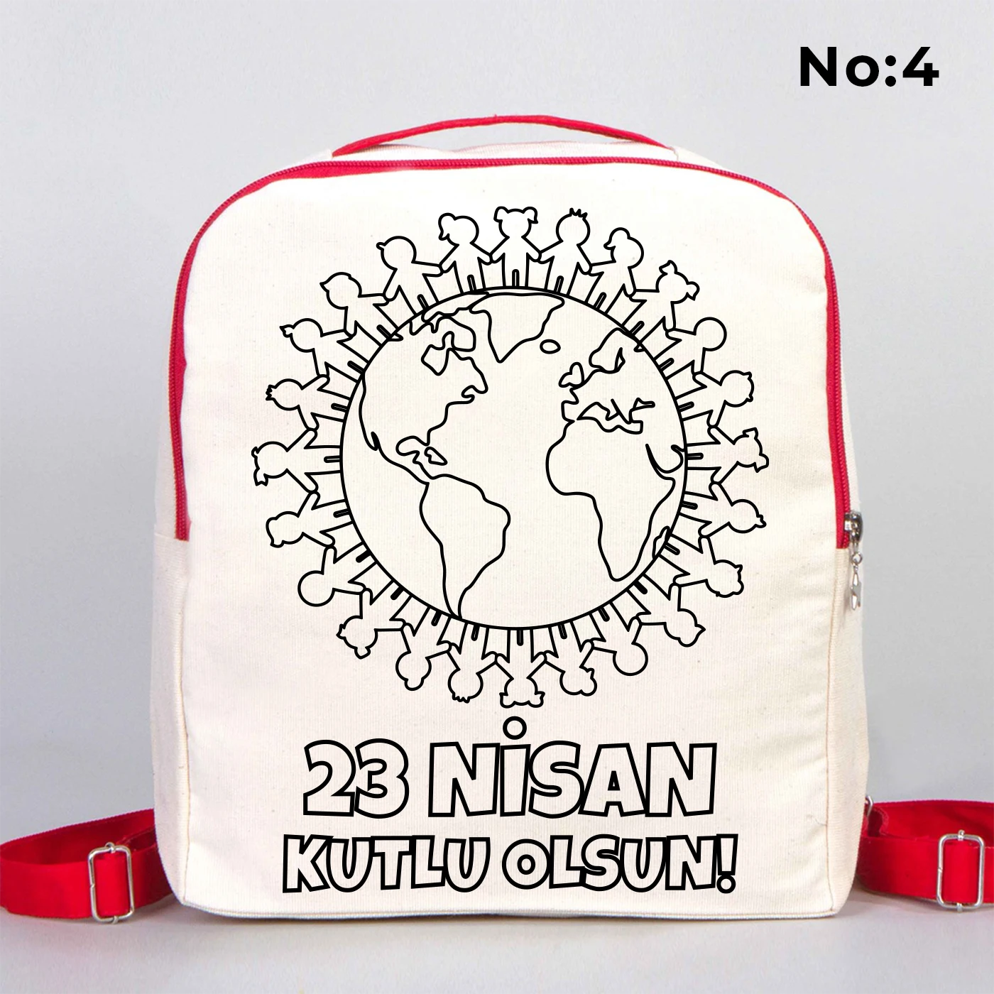 25x32x10 cm krem renkli kırmızı fermuar ve askı detaylı çocuk sırt çantası üzerinde boyamaya uygun “23 Nisan Kutlu Olsun” yazılı siyah beyaz baskı