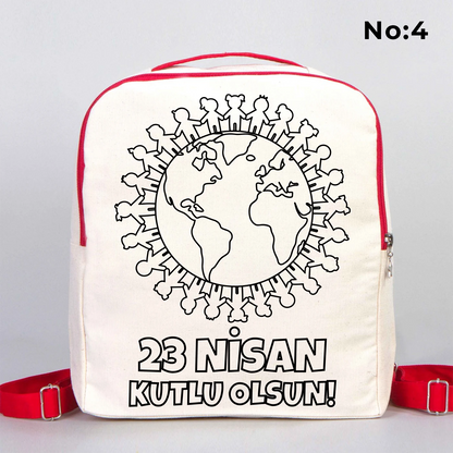 25x32x10 cm krem renkli kırmızı fermuar ve askı detaylı çocuk sırt çantası üzerinde boyamaya uygun “23 Nisan Kutlu Olsun” yazılı siyah beyaz baskı