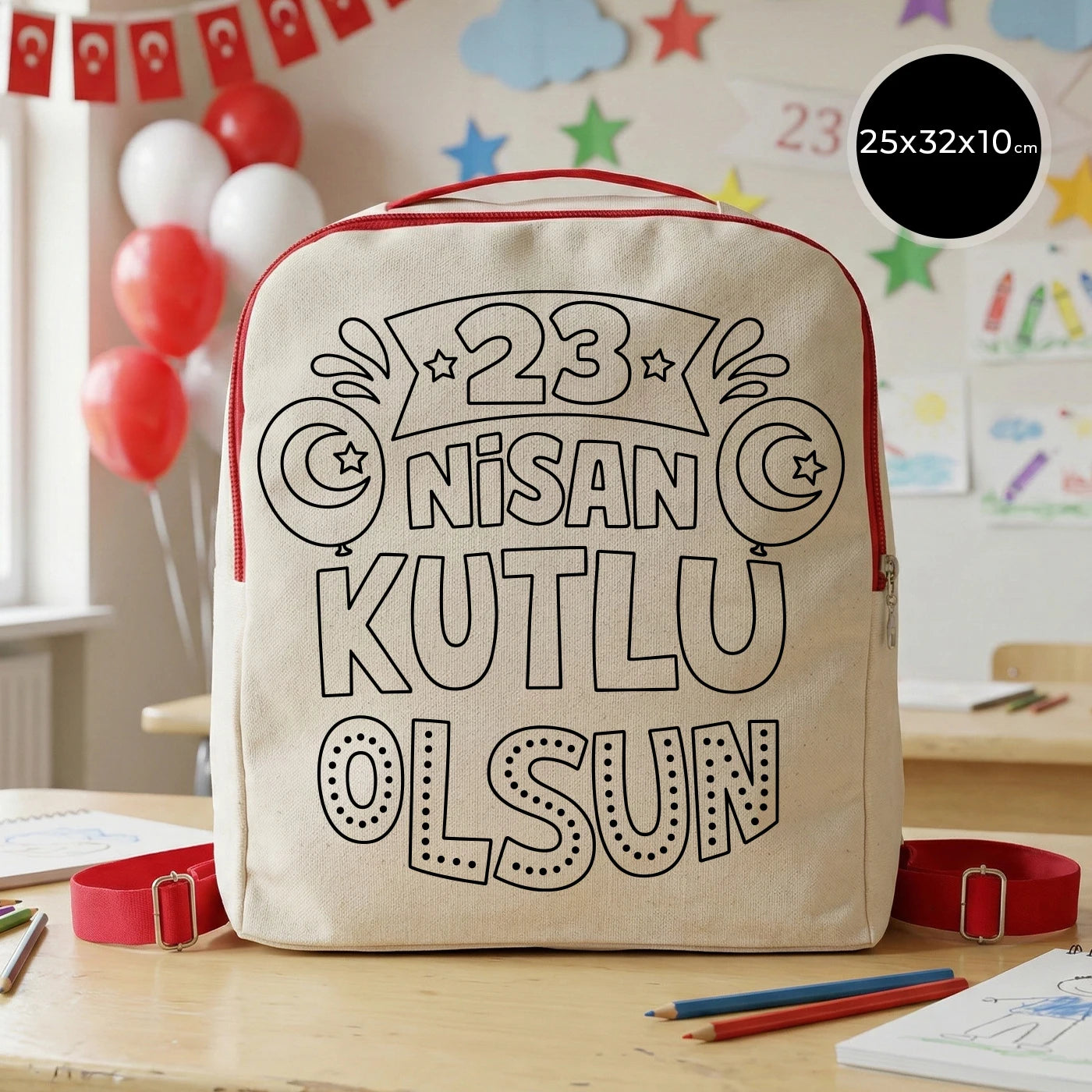25x32x10 cm krem renkli kırmızı fermuar ve askı detaylı çocuk sırt çantası üzerinde boyamaya uygun “23 Nisan Kutlu Olsun” yazılı siyah beyaz baskı