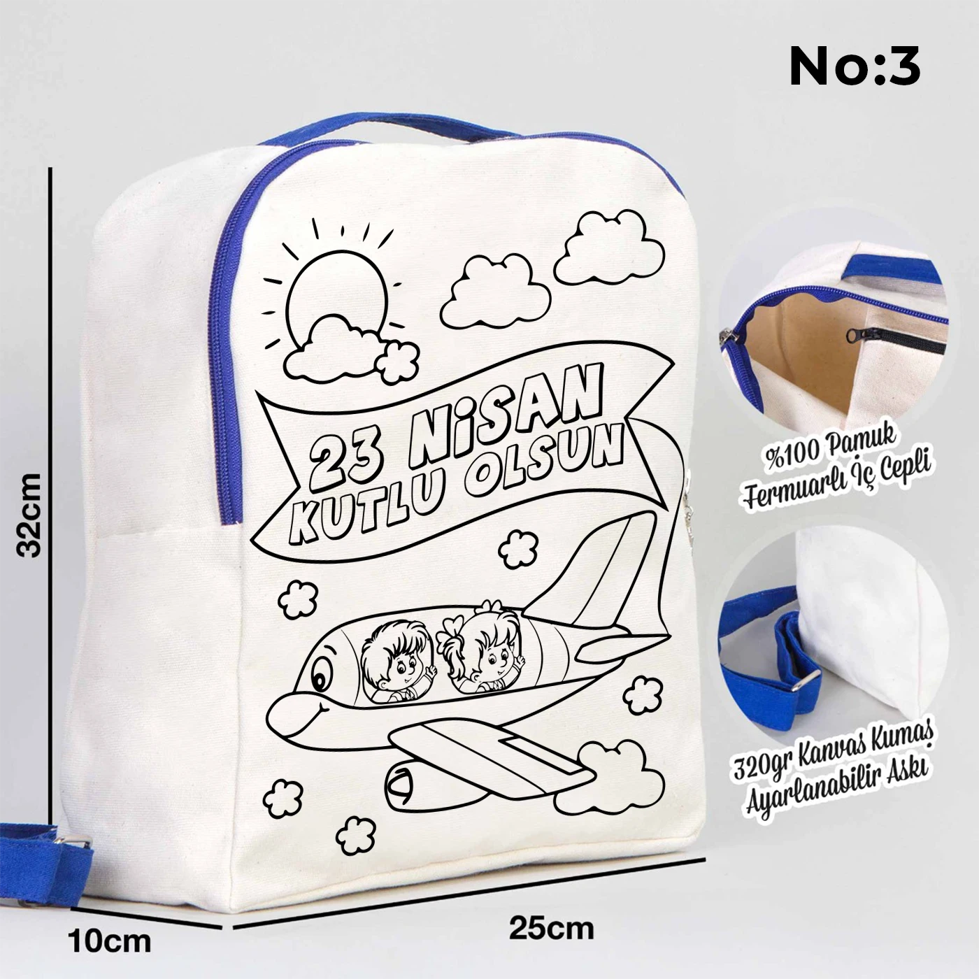 25x32x10 cm krem renkli mavi fermuar detaylı çocuk sırt çantası üzerinde boyamaya uygun dünya figürü ve “23 Nisan Kutlu Olsun!” yazılı siyah beyaz baskı