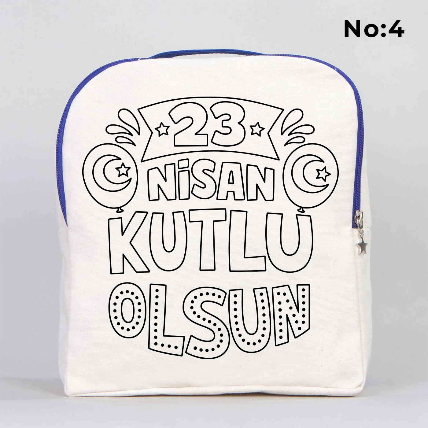 25x32x10 cm krem renkli mavi fermuar detaylı çocuk sırt çantası üzerinde boyamaya uygun dünya figürü ve “23 Nisan Kutlu Olsun!” yazılı siyah beyaz baskı