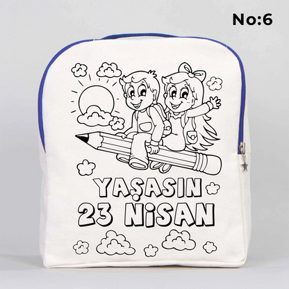 25x32x10 cm krem renkli mavi fermuar detaylı çocuk sırt çantası üzerinde boyamaya uygun dünya figürü ve “23 Nisan Kutlu Olsun!” yazılı siyah beyaz baskı