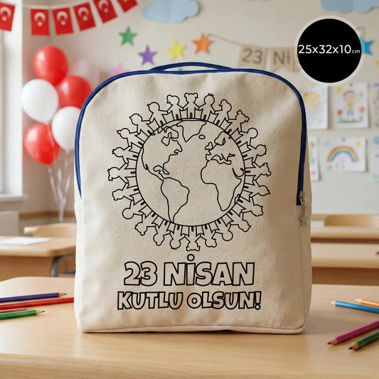 25x32x10 cm krem renkli mavi fermuar detaylı çocuk sırt çantası üzerinde boyamaya uygun dünya figürü ve “23 Nisan Kutlu Olsun!” yazılı siyah beyaz baskı