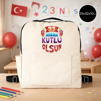 25x32x10 cm VIP Kanvas Sırt Çantası Ön Yan Cepli Siyah - Özel Baskılı 23 Nisan Hediyesi
