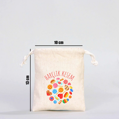 10x13 cm bez bayram harçlığı kesesi, ipli büzgülü, fener ve hediye kutulu ‘Bayram Harçlığı Kesem’ tasarımı