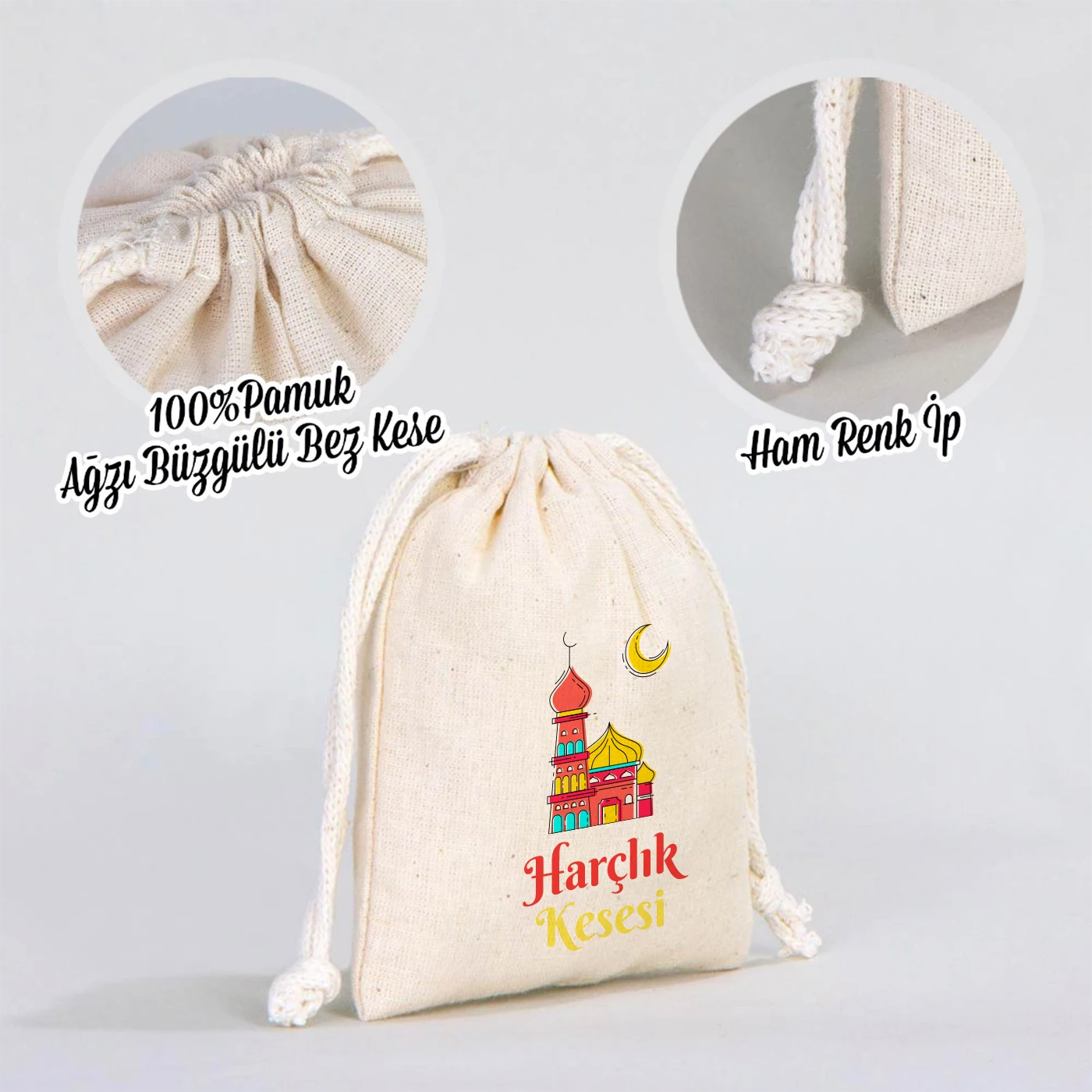 Ölçü gösterimli 10x13 cm harçlık kesem bez kese, şeker desenli baskı, pamuk büzgülü ipli bayram kesesi