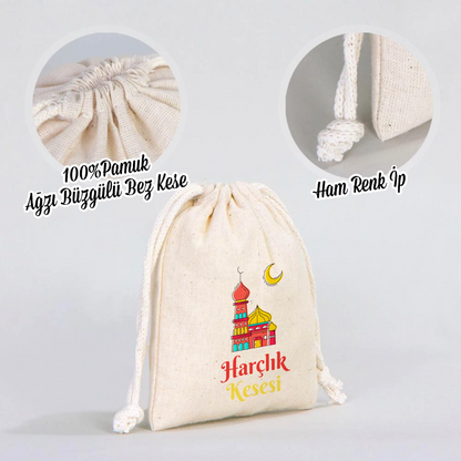 Ölçü gösterimli 10x13 cm harçlık kesem bez kese, şeker desenli baskı, pamuk büzgülü ipli bayram kesesi
