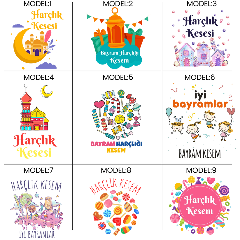 Bayram temalı harçlık kesesi desenleri; cami, ay, şeker, ev figürleri ve çocuk illüstrasyonları içeren renkli baskı tasarımları