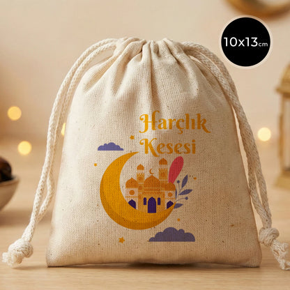 10x13 cm pamuk bayram harçlık kesesi, büzgülü ipli, hilal ve ‘Harçlık Kesesi’ baskılı ürün görseli