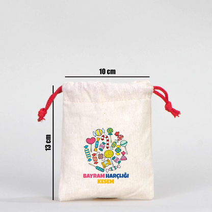 10 cm genişlik ve 13 cm yükseklik ölçülerine sahip, kırmızı ipli, pamuk bez bayram harçlık kesesi ölçü detaylı görünüm