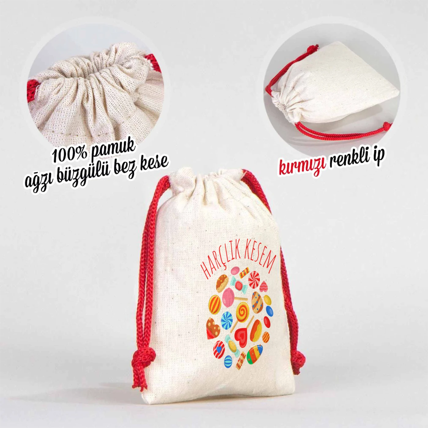 %100 pamuk, ağız büzgülü, kırmızı renk ipli bayram harçlık kesesi; renkli şeker desenli, çocuklara özel bayram tasarımı