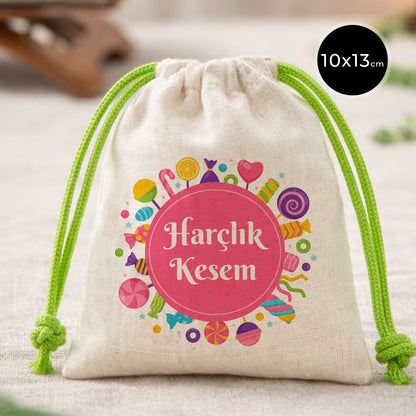 10x13 cm yeşil ipli pamuk bez bayram harçlık kesesi, şeker temalı desenli “Harçlık Kesem” yazılı çocuk bayram keses