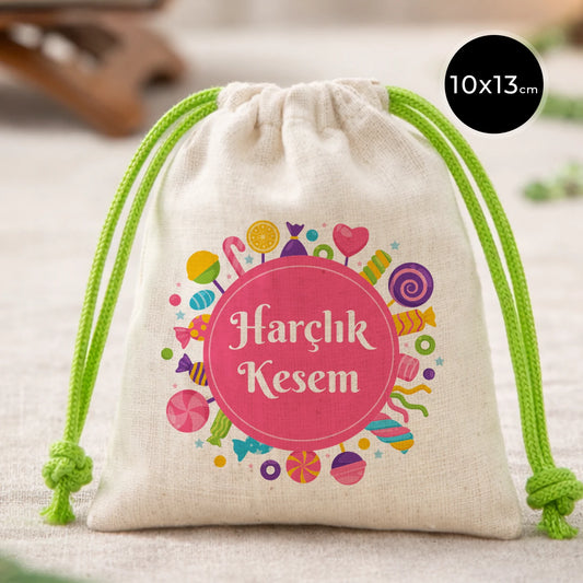10x13 cm yeşil ipli pamuk bez bayram harçlık kesesi, şeker temalı desenli “Harçlık Kesem” yazılı çocuk bayram keses