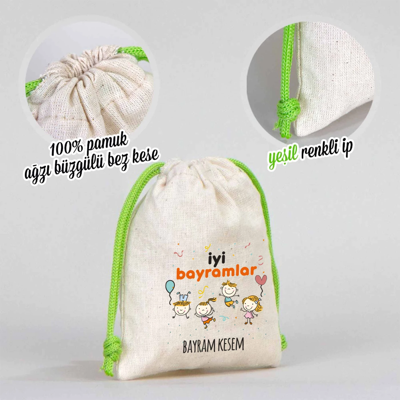 %100 pamuk ağız büzgülü bez bayram kesesi, yeşil renk ipli, çocuklara özel harçlık kesesi