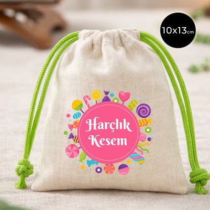 10x13 cm yeşil ipli pamuk bez bayram harçlık kesesi, şeker temalı desenli “Harçlık Kesem” yazılı çocuk bayram keses