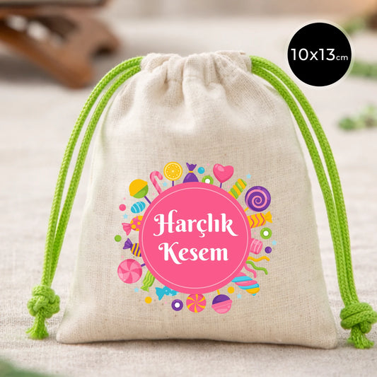 10x13 cm yeşil ipli pamuk bez bayram harçlık kesesi, şeker temalı desenli “Harçlık Kesem” yazılı çocuk bayram keses