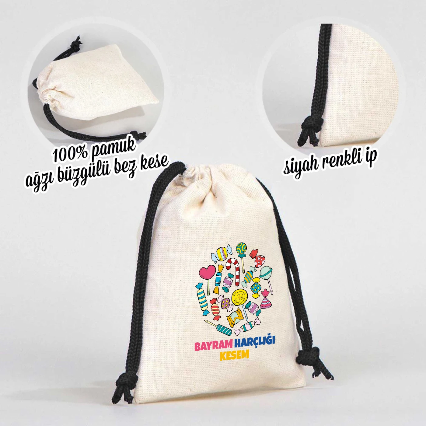 %100 pamuk ağız büzgülü bez bayram kesesi, siyah renk ipli, çocuklara özel bayram harçlık kesesi