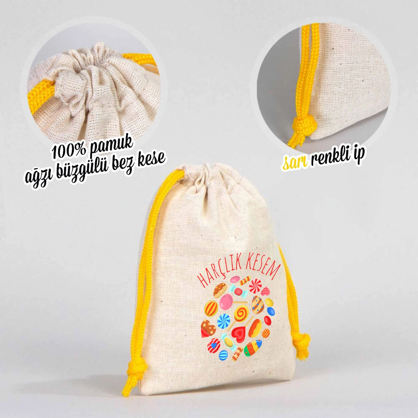 %100 pamuk ağız büzgülü bez bayram kesesi, sarı renk ipli, çocuklar için şeker temalı harçlık kesesi