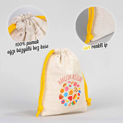 %100 pamuk ağız büzgülü bez bayram kesesi, sarı renk ipli, çocuklar için şeker temalı harçlık kesesi
