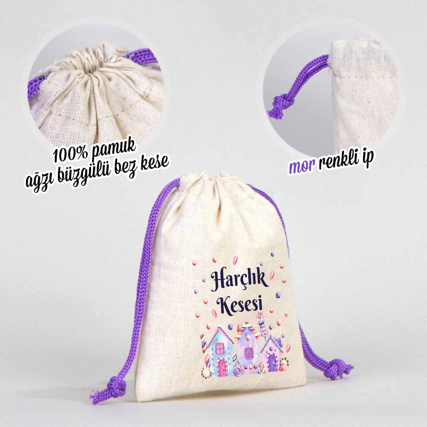 %100 pamuk, ağız büzgülü, mor renk ipli bayram harçlık kesesi; sevimli ev ve şeker desenli çocuklara özel tasarım