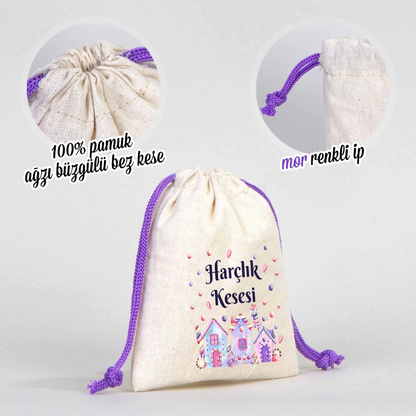 %100 pamuk, ağız büzgülü, mor renk ipli bayram harçlık kesesi; sevimli ev ve şeker desenli çocuklara özel tasarım