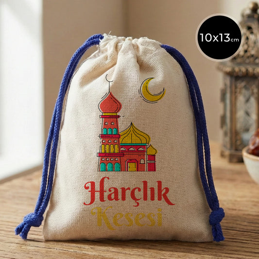 Saks mavi ipli, 10x13 cm pamuk bez bayram kesesi, cami ve hilal desenli “Harçlık Kesesi” yazılı geleneksel tasarım