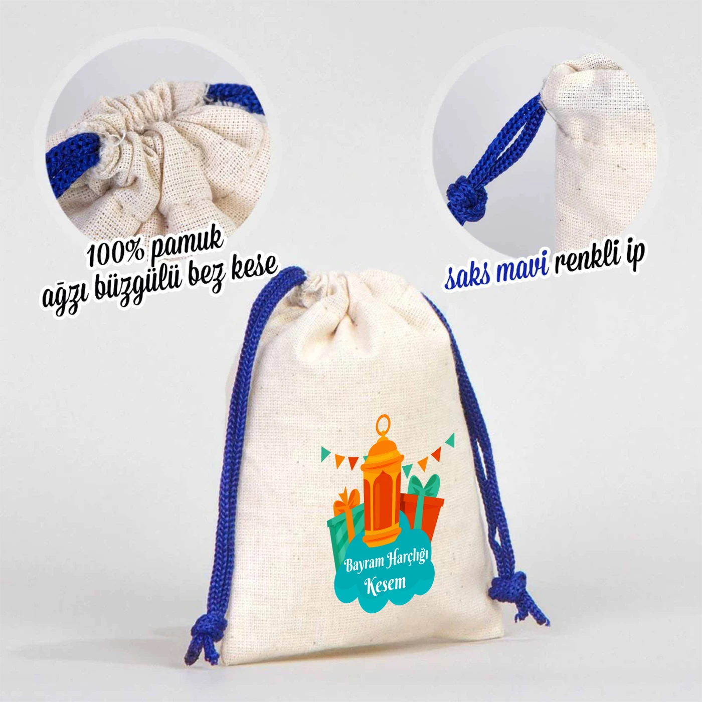 %100 pamuk, ağız büzgülü, saks mavi renk ipli bayram harçlık kesesi, çocuklara özel renkli bayram desenleri