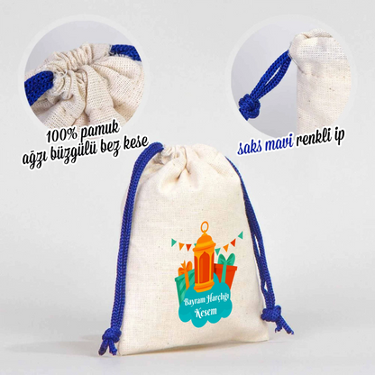 %100 pamuk, ağız büzgülü, saks mavi renk ipli bayram harçlık kesesi, çocuklara özel renkli bayram desenleri