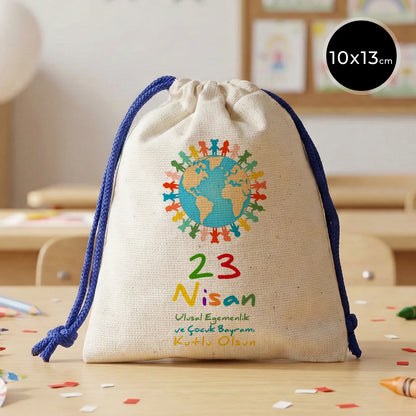 10x13 Saks Mavi İpli Bez Kese – 23 Nisan Hediyesi